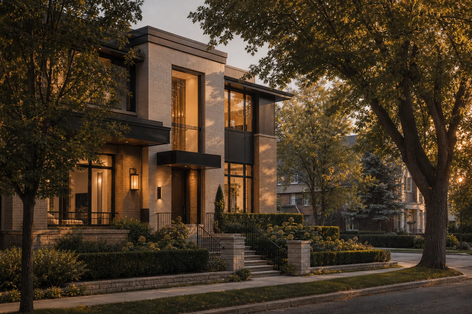 Contemporary residence with warm interiors and a landscaped courtyard — architectural illustration